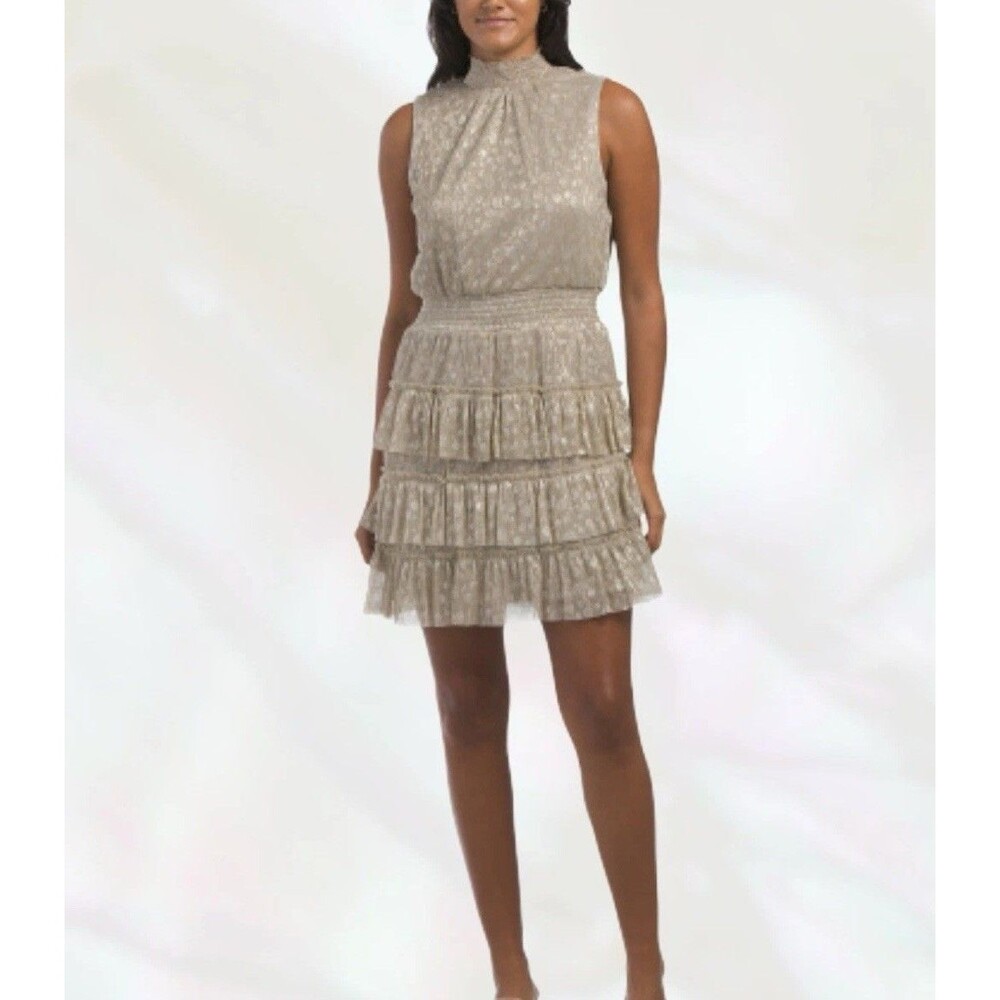MSK Sleeveless Smocked Waist Tiered Dot Foil Metallic Dress NWT Size L NWT